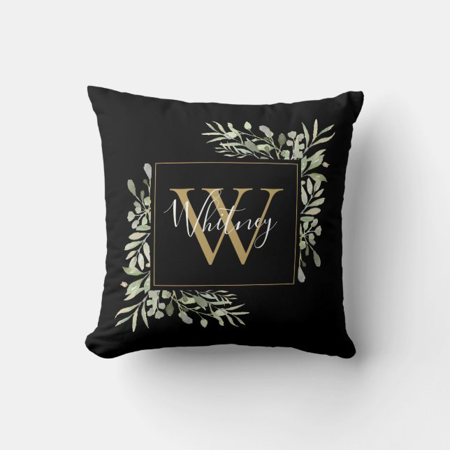 Personalised Black Gold Monogram Greenery Cushion (Front)