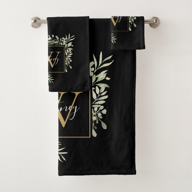 Personalised Black Gold Monogram Greenery Floral Bath Towel Set (Insitu)