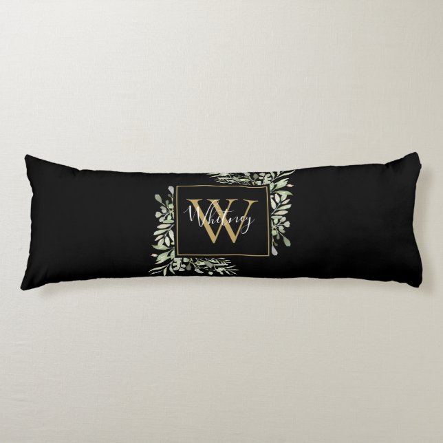 Personalised Black Gold Monogram Greenery Floral Body Cushion (Front)