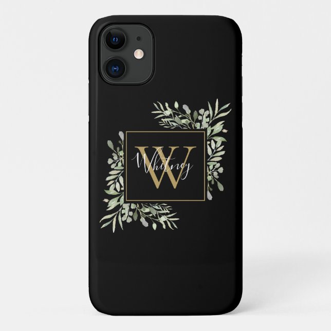 Personalised Black Gold Monogram Greenery Floral Case-Mate iPhone Case (Back)