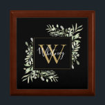 Personalised Black Gold Monogram Greenery Floral Gift Box<br><div class="desc">Elegant watercolor greenery leaves floral monogram name gift box featuring a gold monogram initial on a black background with your name set in a stylish white script. Designed by Thisisnotme©</div>