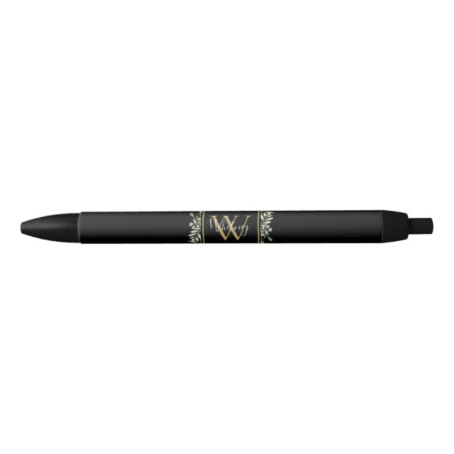 Personalised Black Gold Monogram Greenery Floral Ink Pen (Front)