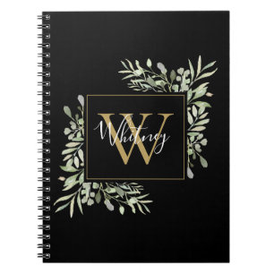 Personalised Black Gold Monogram Greenery Floral Notebook