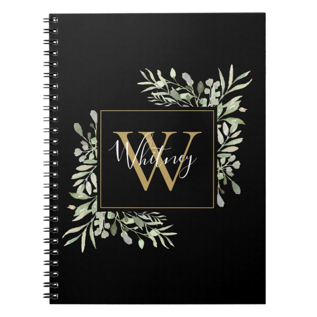 Personalised Black Gold Monogram Greenery Floral Notebook (Front)