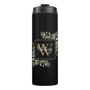 Personalised Black Gold Monogram Greenery Floral Thermal Tumbler