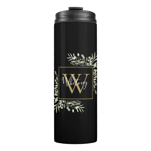 Personalised Black Gold Monogram Greenery Floral Thermal Tumbler (Front)