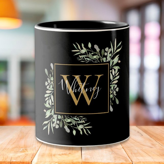 Personalised Black Gold Monogram Greenery Floral Two-Tone Coffee Mug (Creator Uploaded)