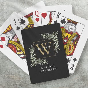 Personalised Black Gold Monogram Greenery Playing Cards