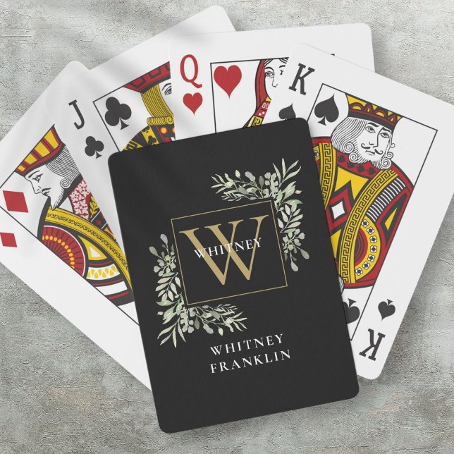 Personalised Black Gold Monogram Greenery Playing Cards (Personalized Black Gold Monogram Greenery Playing Cards)