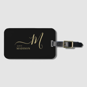 Personalised Black Gold Monogram Script Wedding Luggage Tag
