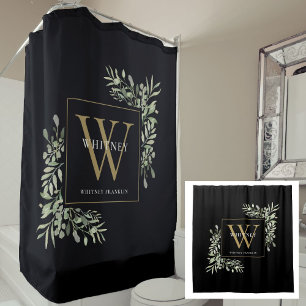 Personalised Black Gold Monogram Watercolor Floral Shower Curtain