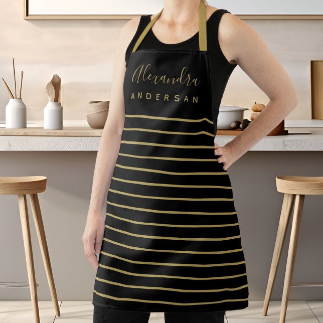 Personalised Black Gold Name Monogram Chef Apron (Elegant Script Name Monogram Black Gold Stripes Apron)