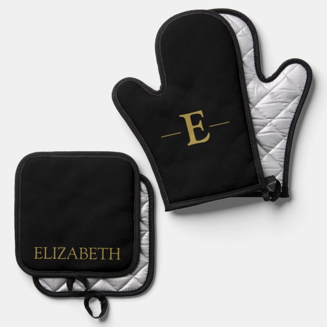 Personalised Black & Gold Oven Mitt and Pot Holder Oven Mitt & Pot Holder Set (Front/Back)