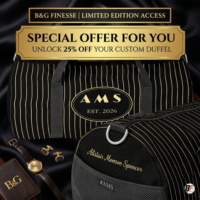 Personalised Black Gold Pinstripe Monogram Duffle Bag (#countryclub)