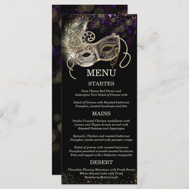 Personalised  Black Gold  Purple Masquerade Party Menu (Front/Back)
