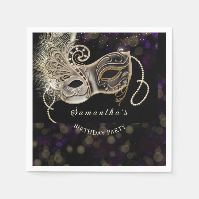 Personalised  Black Gold  Purple Masquerade Party Napkin (Front)