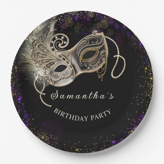 Personalised  Black Gold  Purple Masquerade Party Paper Plate (Front)