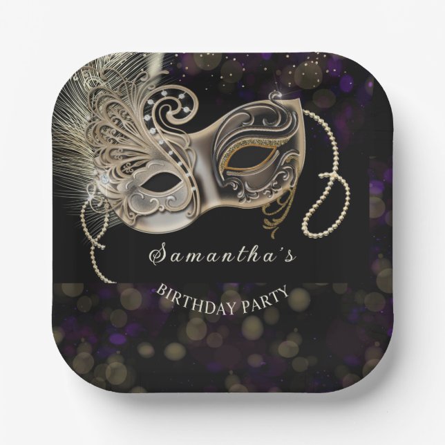 Personalised  Black Gold  Purple Masquerade Party Paper Plate (Front)