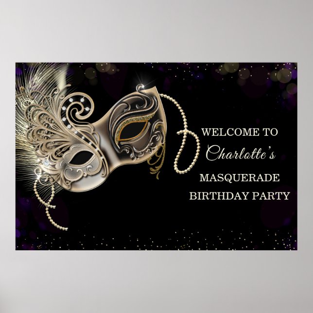 Personalised  Black Gold  Purple Masquerade Party Poster (Front)
