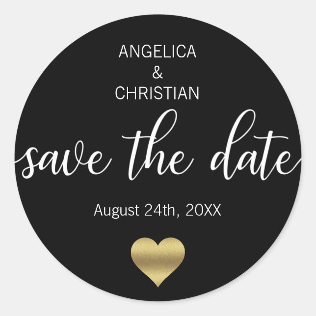 Personalised BLACK Gold SAVE THE DATE Wedding Classic Round Sticker (Front)