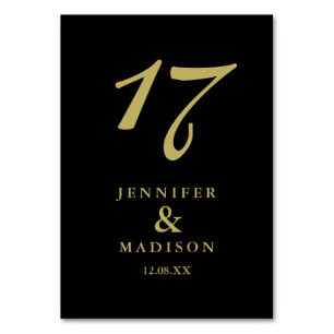 Personalised black gold script wedding Table Card
