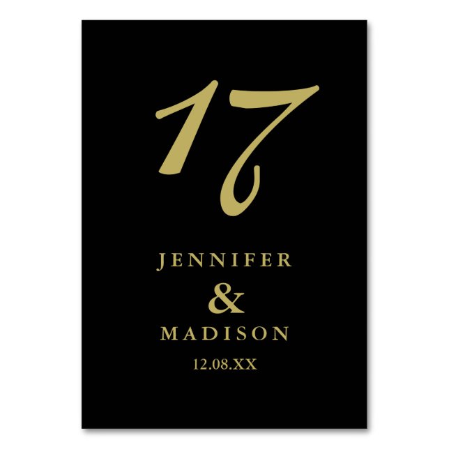 Personalised black gold script wedding Table Card (Front)