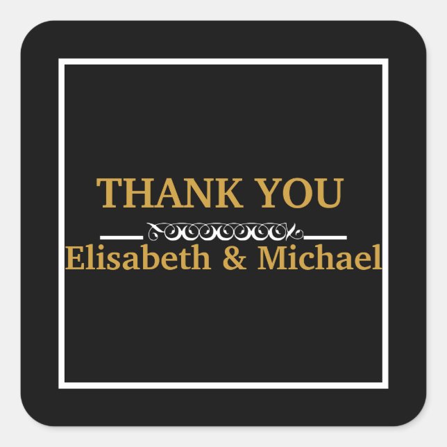 Personalised Black & Gold Stripes Thank You Square Sticker (Front)