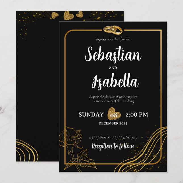 Personalised Black & Gold Wedding Invitation (Front/Back)