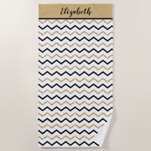 Personalised Black Gold White Chevron Zig Zag Beach Towel