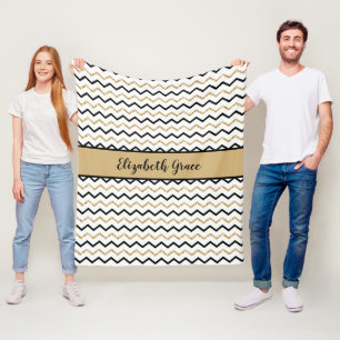 Personalised Black Gold White Chevron Zig Zag Fleece Blanket
