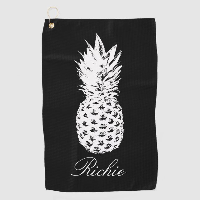 Personalised black golf towel with pineapple image (Front)