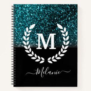Personalised Black Green Glitter Monogram Name Notebook