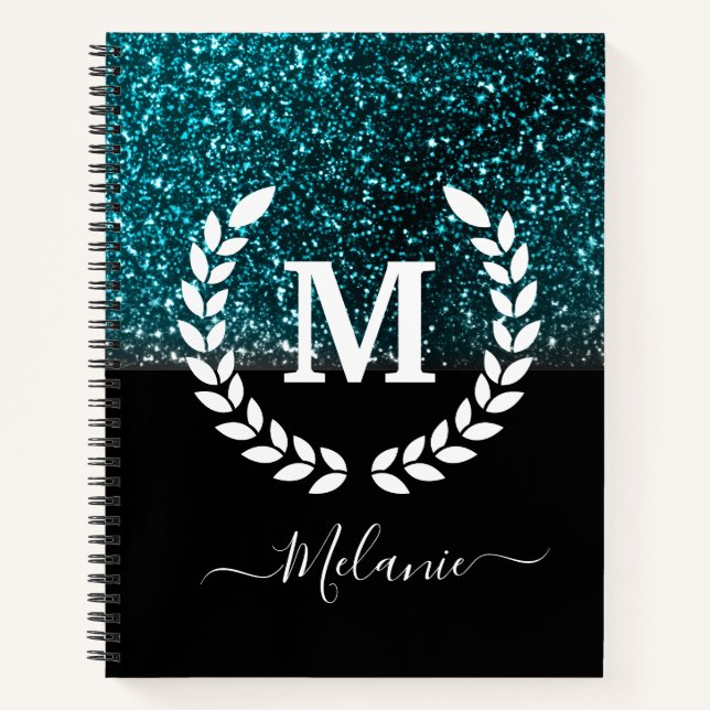 Personalised  Black Green Glitter Monogram Name Notebook (Front)