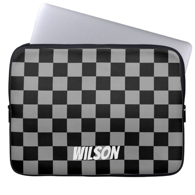 Personalised  black &grey chequered monogram name laptop sleeve (Front)