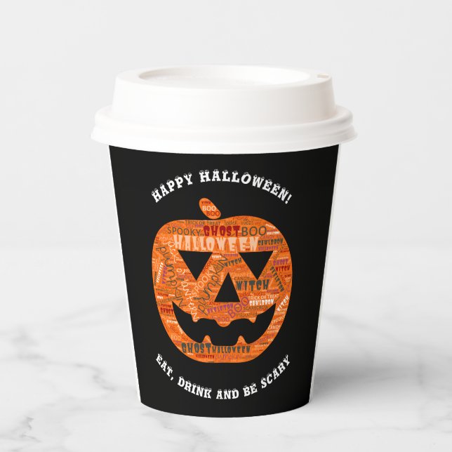 Personalised Black Halloween Pumpkin Word Cloud Paper Cups (Front)