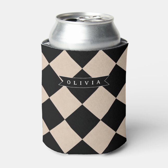 Personalised Black Harlequin Chequered Diamond Can Cooler (Can Front)