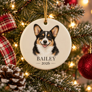 Personalised Black Head Tricolor Corgi Name & Year Ceramic Ornament