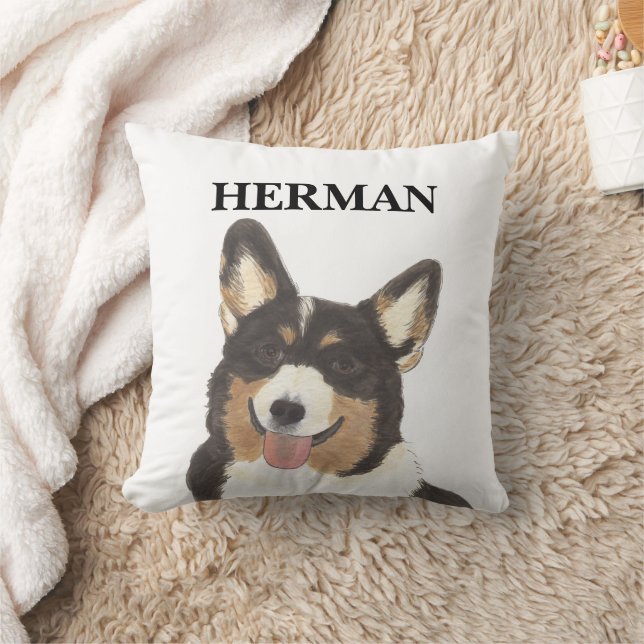 Personalised Black Headed Tricolor Corgi Cushion (Blanket)