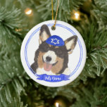 Personalised Black Headed Tricolor Corgi Hanukkah Ceramic Ornament<br><div class="desc">Celebrate your favourite mensch on a bench with personalised ornament! This design features a sweet illustration of a black headed tricolor corgi dog with a blue and white yarmulke. For the most thoughtful gifts, pair it with another item from my collection! To see more work and learn about this artist,...</div>
