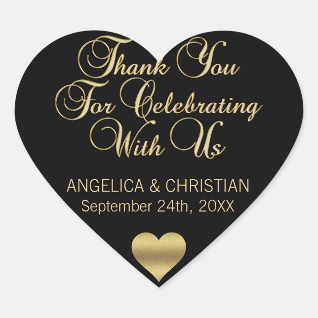 Personalised Black Heart Gold Thank You Wedding Sticker (Front)