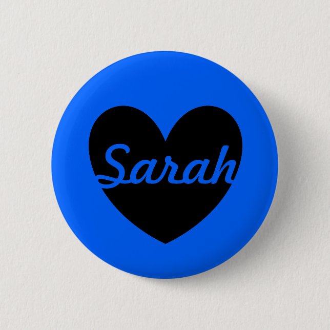 Personalised black heart on blue 6 cm round badge (Front)