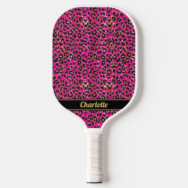 Personalised Black & Hot Pink Leopard Print Girls Pickleball Paddle (Front)