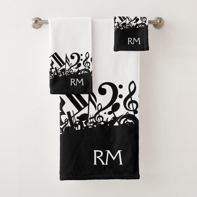Personalised Black Jumbled Music Notes Bath Towel Set (Insitu)