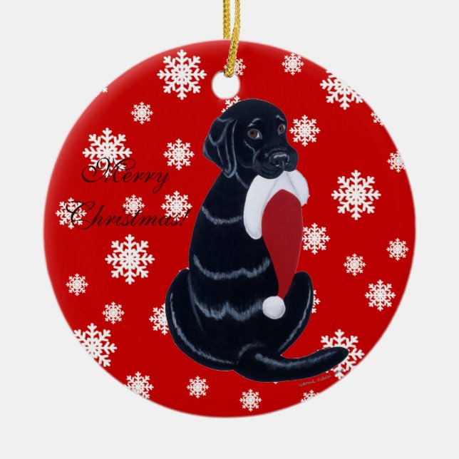 Personalised Black Lab Christmas Santa Hat Ceramic Ornament (Front)