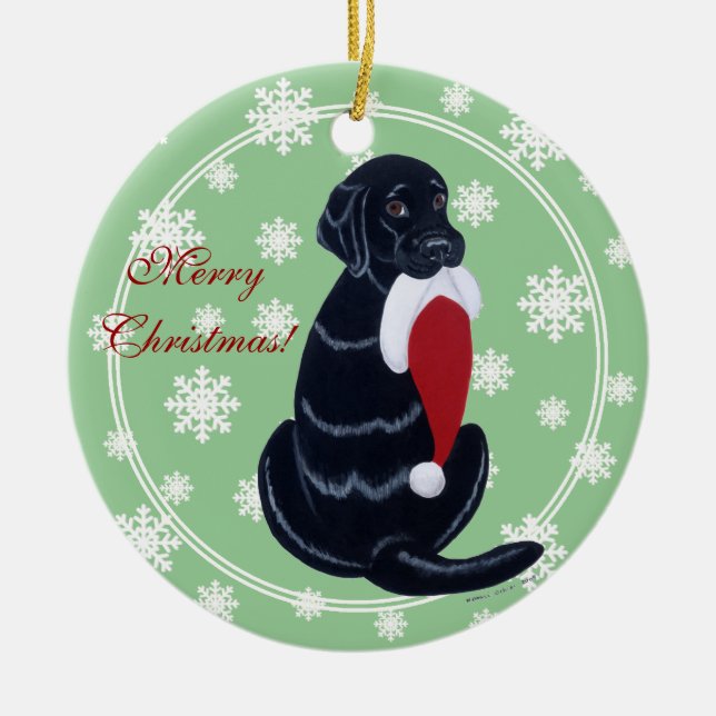 Personalised Black Lab Christmas Santa Hat Ceramic Tree Decoration (Front)