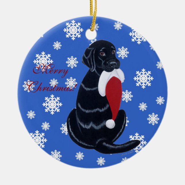 Personalised Black Lab Christmas Santa Hat Ceramic Tree Decoration (Front)