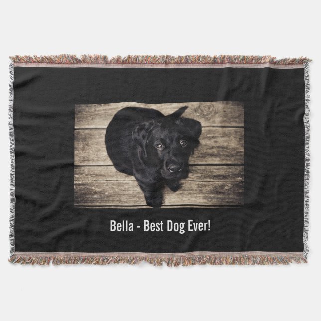 Personalised Black Lab Dog Photo and Dog Name Throw Blanket (Front)