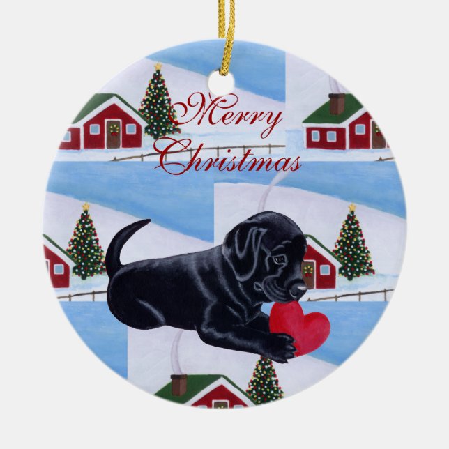 Personalised Black Lab Puppy Christmas Ceramic Ornament (Front)