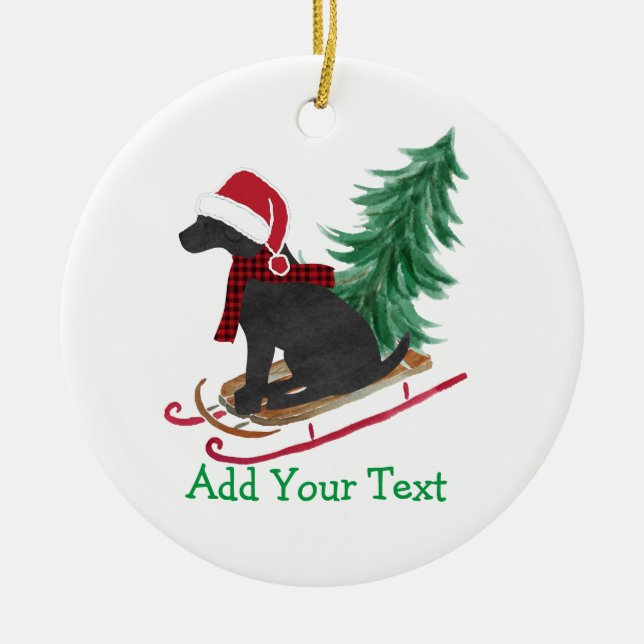 Personalised Black Lab Xmas Sled Ceramic Ornament (Front)