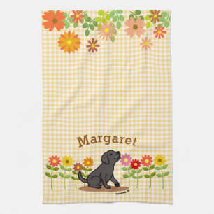 Personalised Black Labrador and Many Flowers Tea Towel